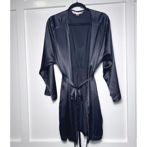 Victorias Secret Black Satin Robe One Size Elastic Waist Tie Front Loungewear